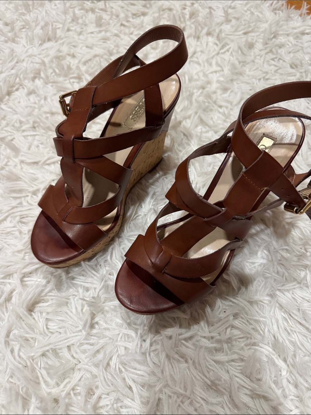 Guess Brown Strappy Wedge Sandals with Cork Heel - Picture 5 of 10
